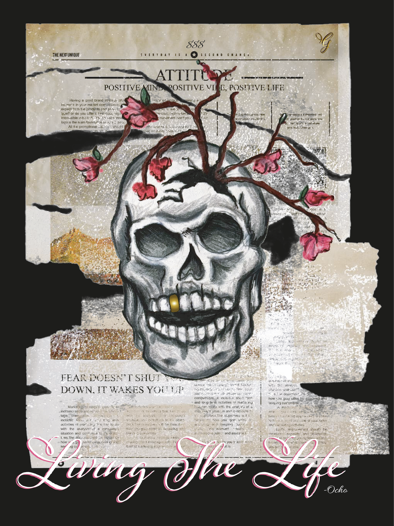 Illustratie van een doodskop bovenop een oude krant